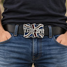 True Brit Union Jack belt buckle worn by a man on a black leather belt
