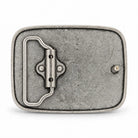 Rear of silver cutaway skull belt buckle showing belt loop and fastening stud