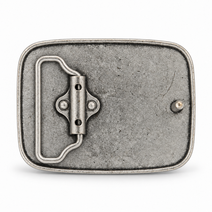 Rear of silver cutaway skull belt buckle showing belt loop and fastening stud