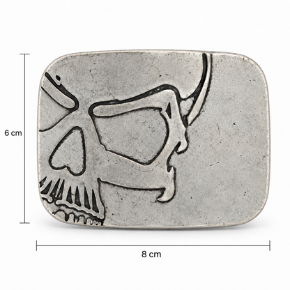 Silver cutaway skull belt buckle size guide