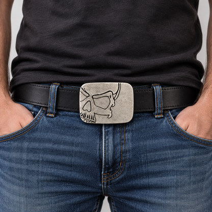 Silver cutaway skull belt buckle worn by a man on a black leather belt
