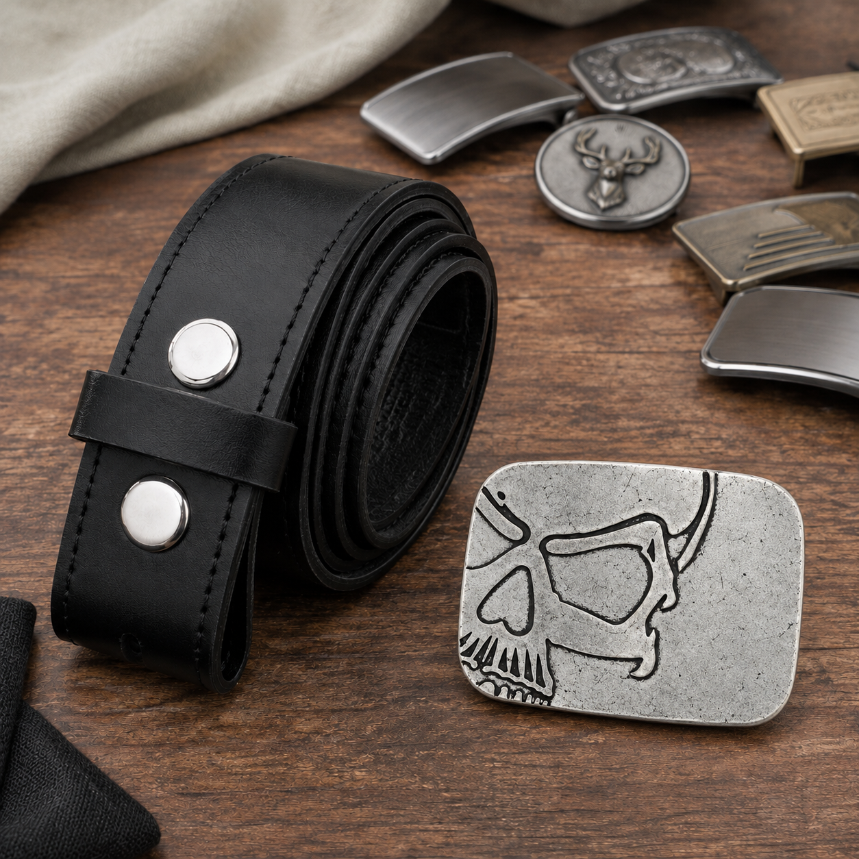 Silver cutaway skull buckle with black interchangeable leather belt