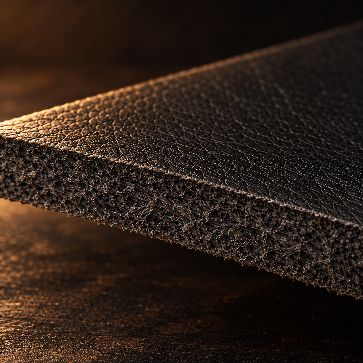 A close-up of a dark brown split grain leather sample, showing the grain surface and layered edge against a dark warm-toned background.