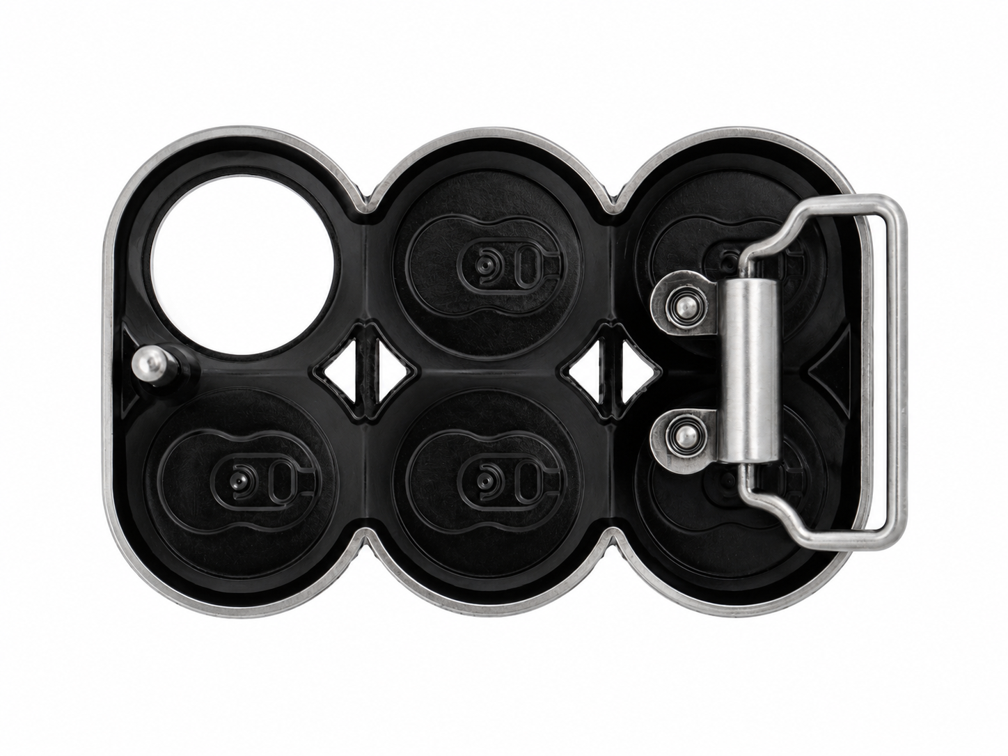 Rear of the 6 cans belt buckle on a white background