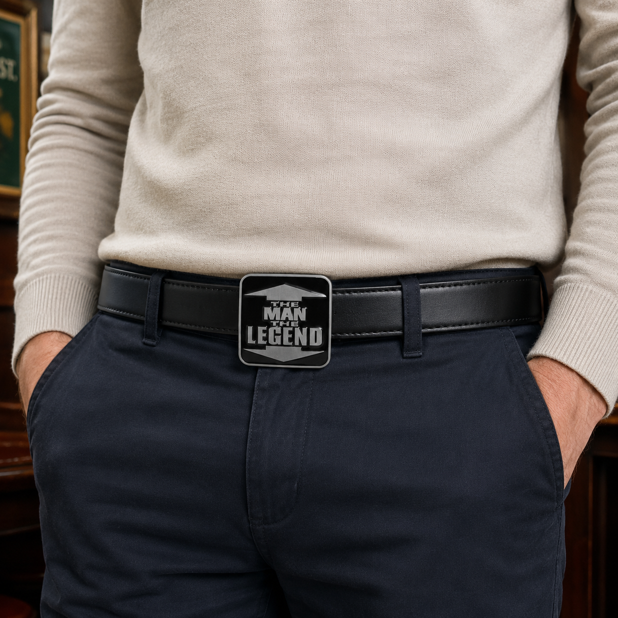 Man wearing "The Man The Legend" Belt buckle.