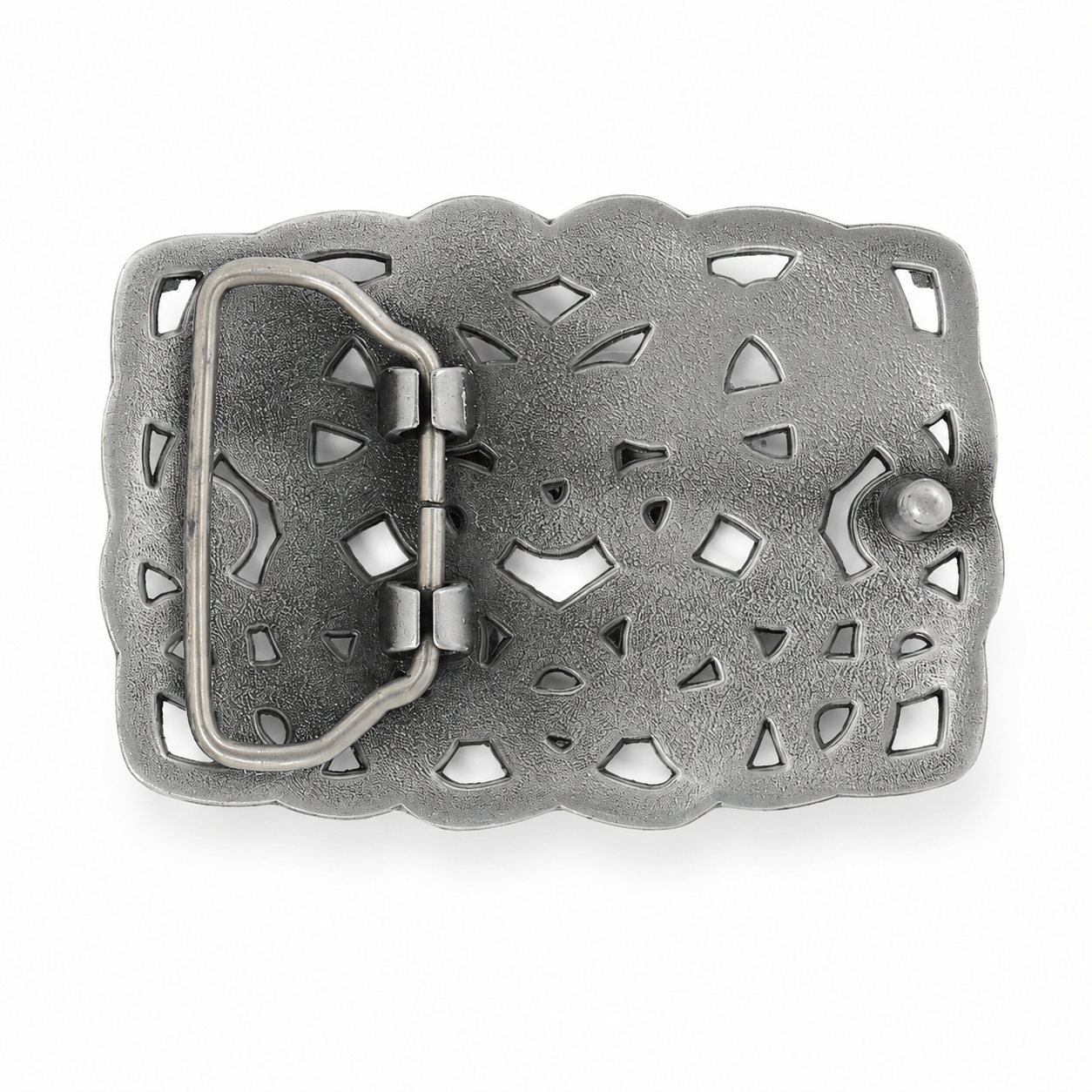 Rear of a rectangular silver-toned metal belt buckle with an ornate scalloped border and cutout geometric pattern, shown on a plain white background.