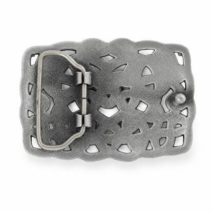 Rear of a rectangular silver-toned metal belt buckle with an ornate scalloped border and cutout geometric pattern, shown on a plain white background.