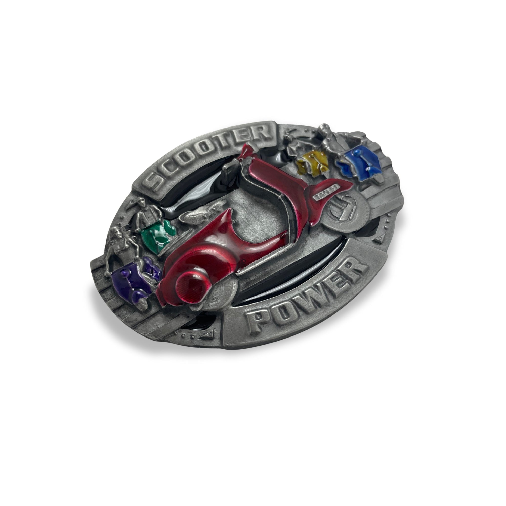 Side of Belt buckle with scooter design and 'Scooter Power' text on a white background