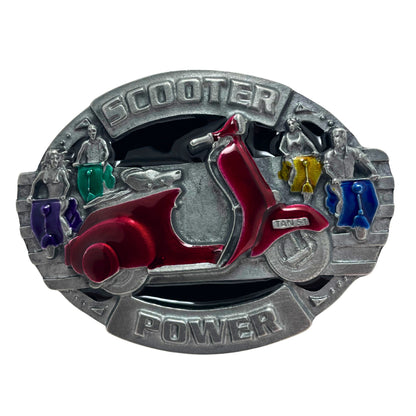 Belt buckle with scooter design and 'Scooter Power' text on a white background