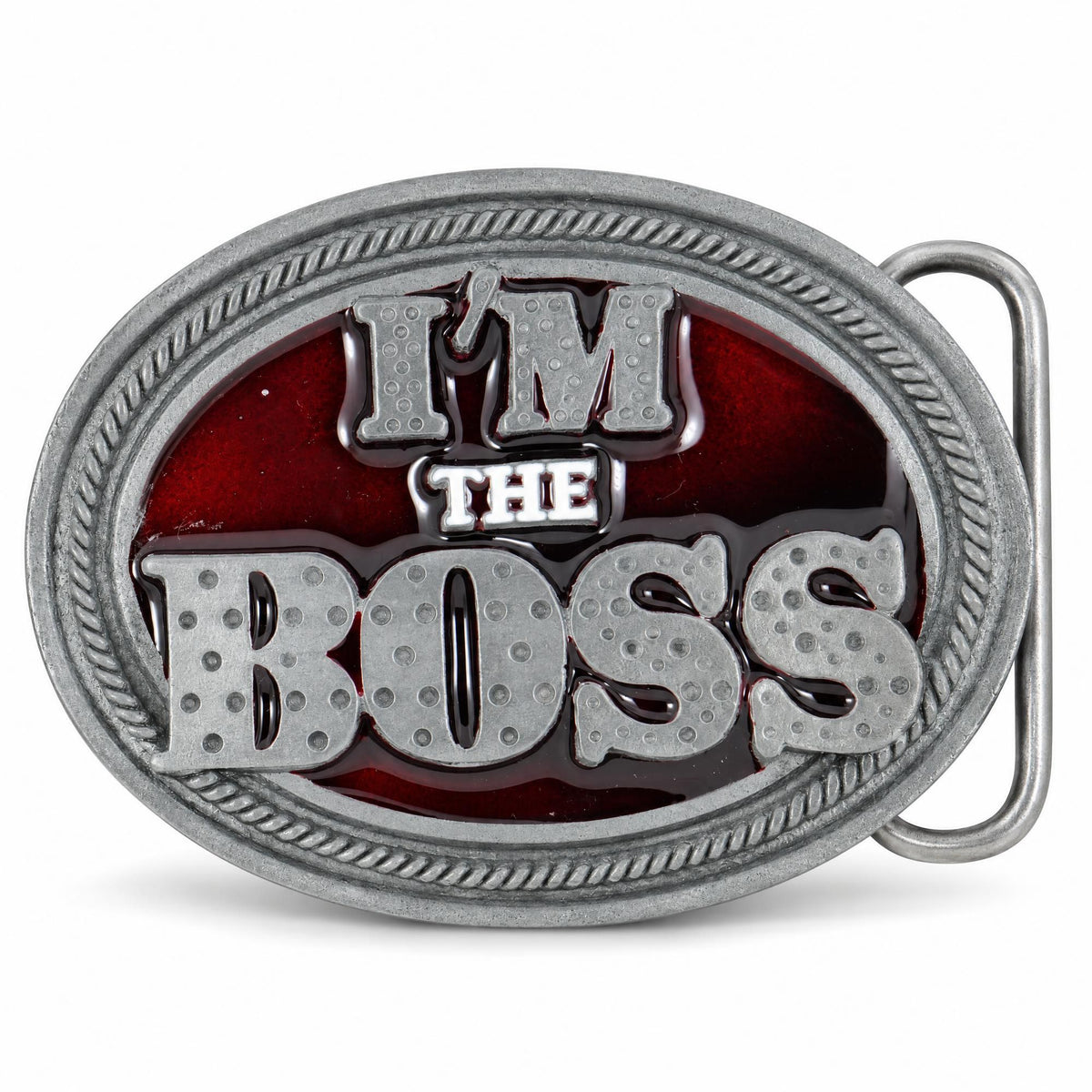 Front view of the Im The Boss Belt Buckle in Grey/Red metal.