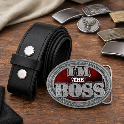 Flatlay view of the Grey/Red Im The Boss Belt Buckle.