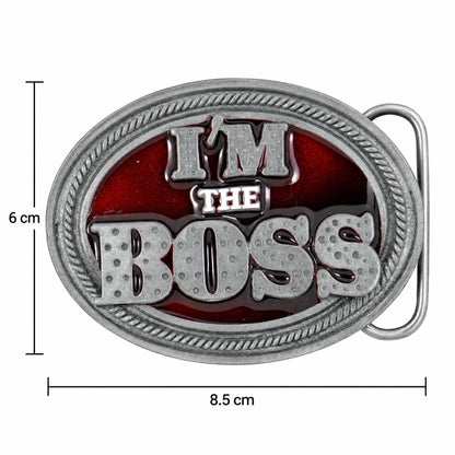 Im The Boss Belt Buckle size guide showing 8.5 cm width and 6 cm height.