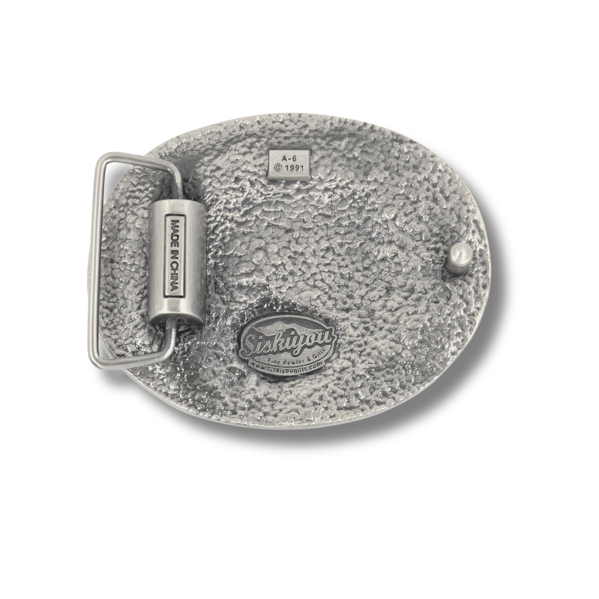 Silver belt buckle with textured surface and visible brand logo on a white background