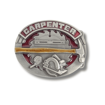 Belt buckle with 'Carpenter' text and tool illustrations on a white background