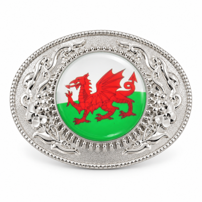Welsh dragon belt buckle with silver oval frame and red white and green detailing