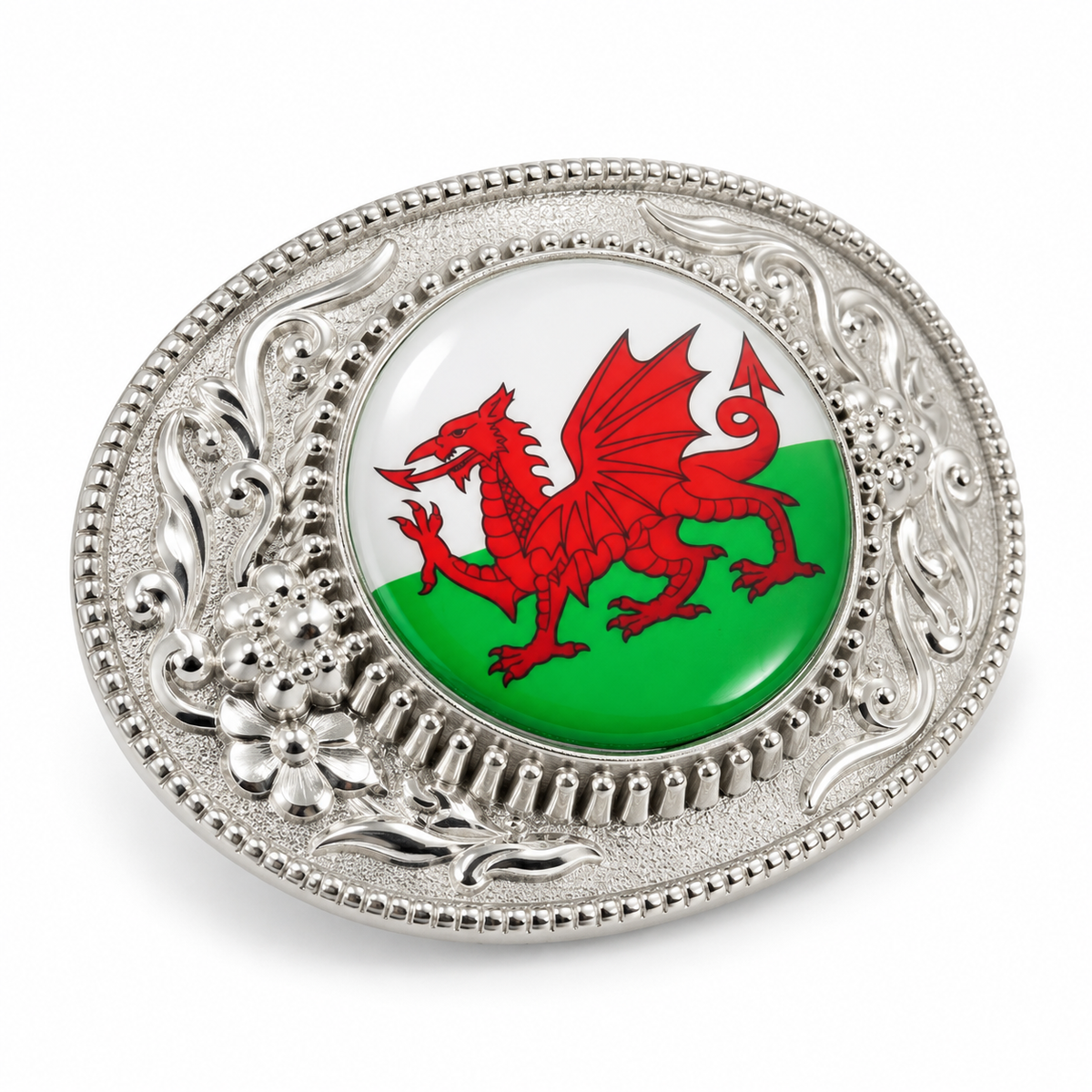 Angled view of Welsh dragon belt buckle showing raised metal detailing