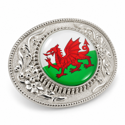 Angled view of Welsh dragon belt buckle showing raised metal detailing