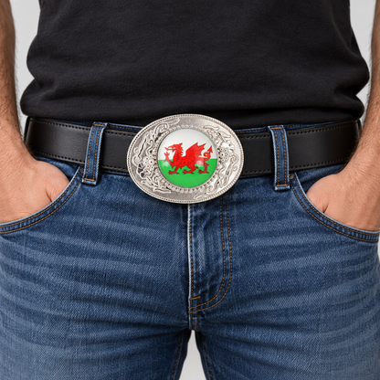 Welsh dragon belt buckle worn on a black leather belt
