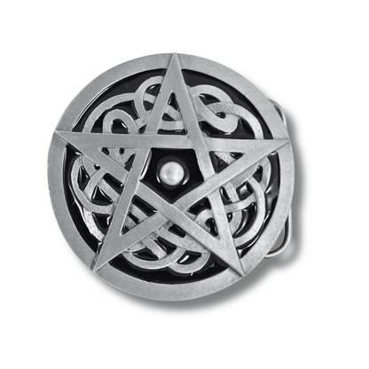 Metallic pentagram design on a white background