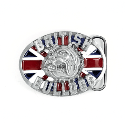 Belt buckle with British Bulldog design and Union Jack colours on a white background