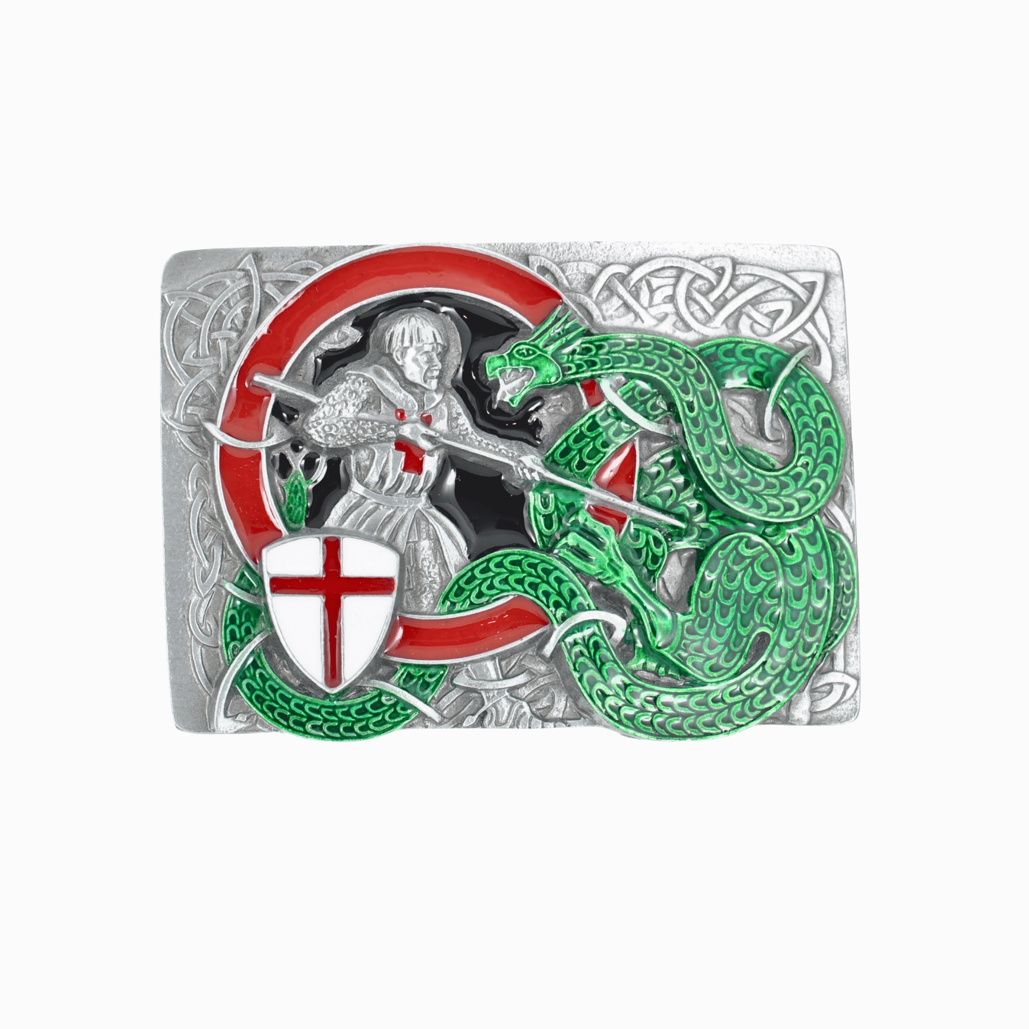Belt buckle with a design of a knight and green dragon on a white background