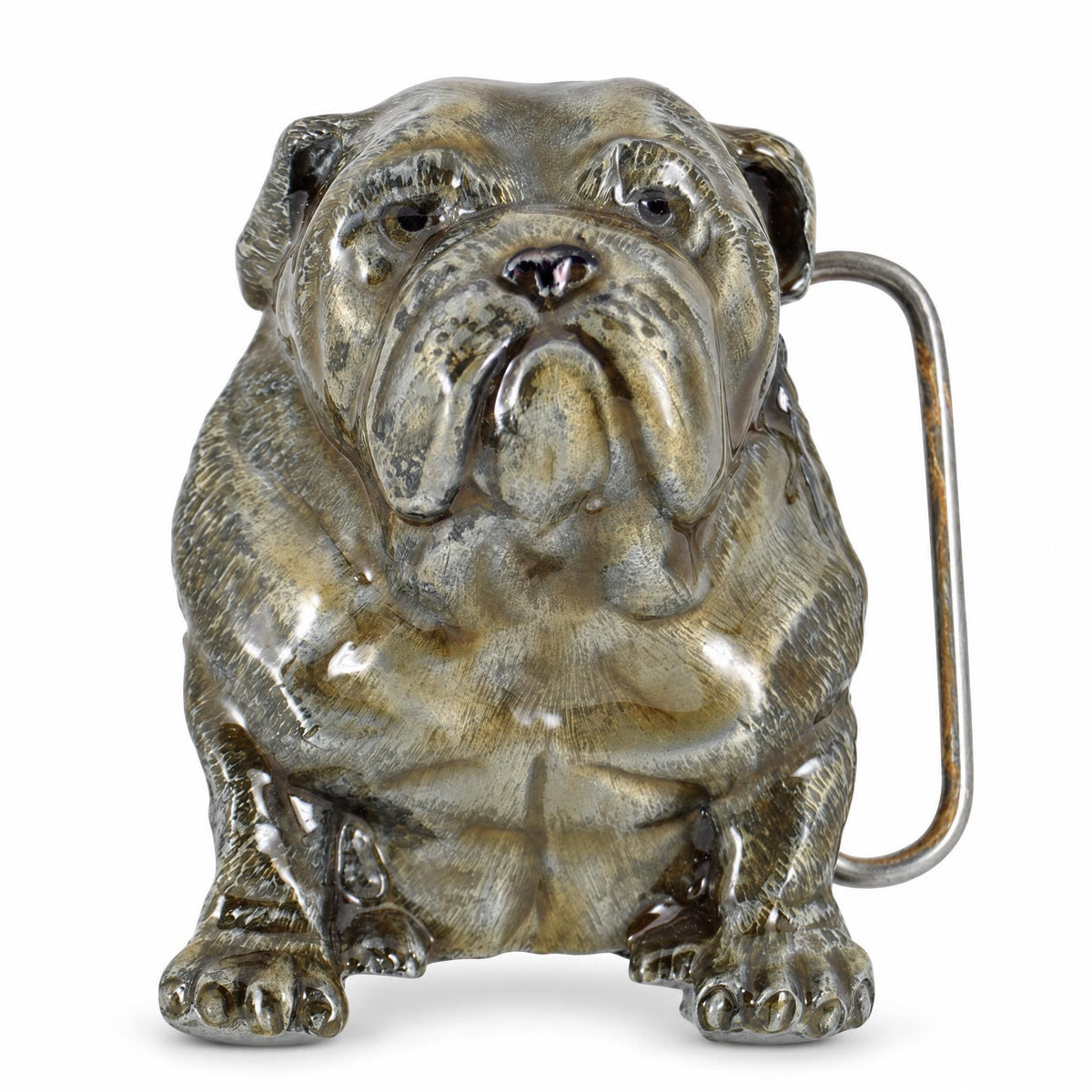 Front view of the grey metal Bulldog Belt Buckle