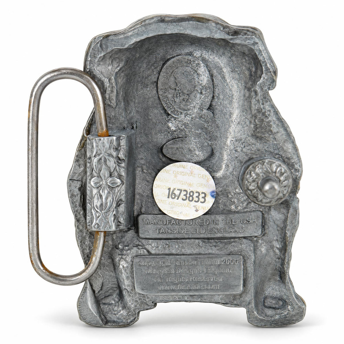 Rear view of the grey metal Bulldog Belt Buckle