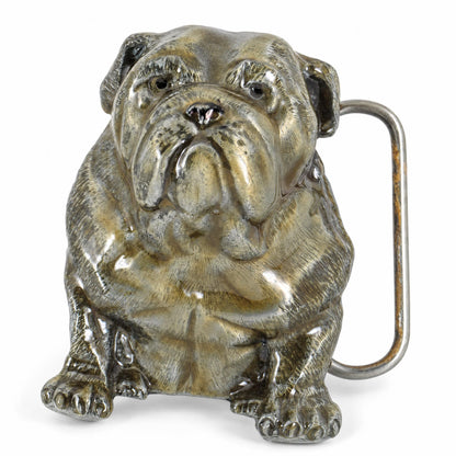 Angled view of the grey Bulldog Belt Buckle showing its metal construction