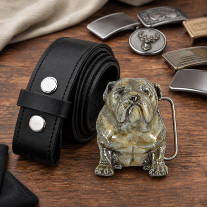 Flatlay of the grey metal Bulldog Belt Buckle