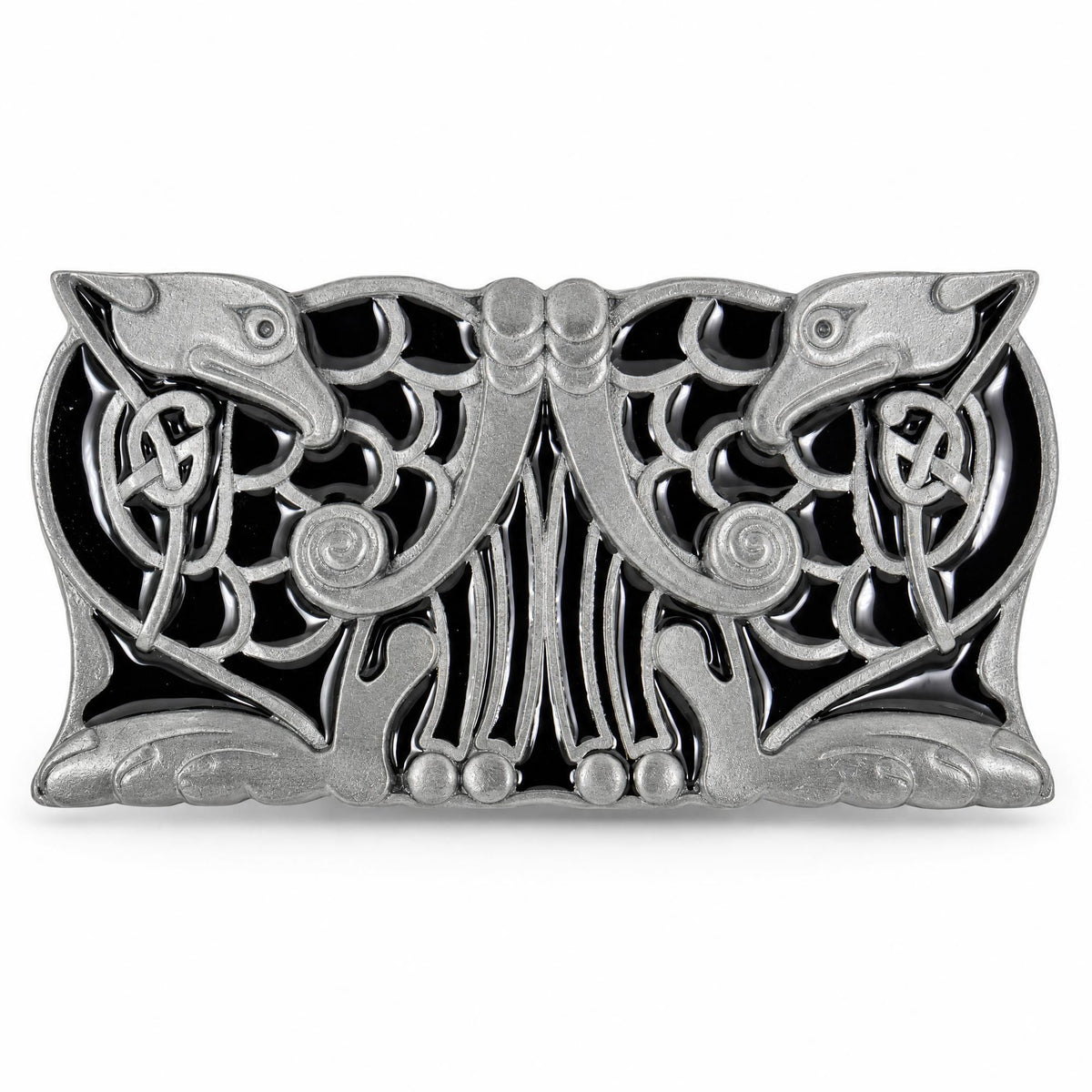 Front view of the black Celtic Birds Design metal belt buckle
