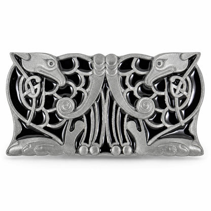Front view of the black Celtic Birds Design metal belt buckle