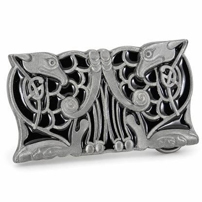 Angled view of the black Celtic Birds Design metal belt buckle