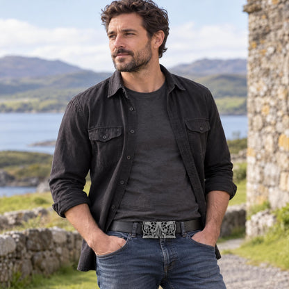 Male model wearing the black Celtic Birds Design belt buckle