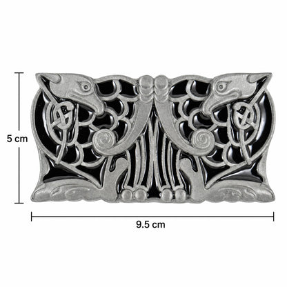Size guide for the Celtic Birds Design belt buckle, measuring 9.5 cm by 5 cm