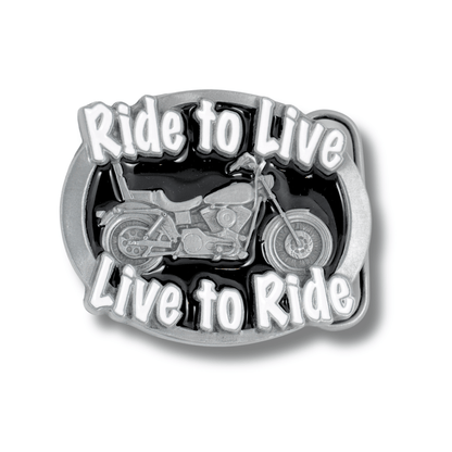 Belt buckle with motorcycle design and 'Ride to Live, Live to Ride' text on a white background