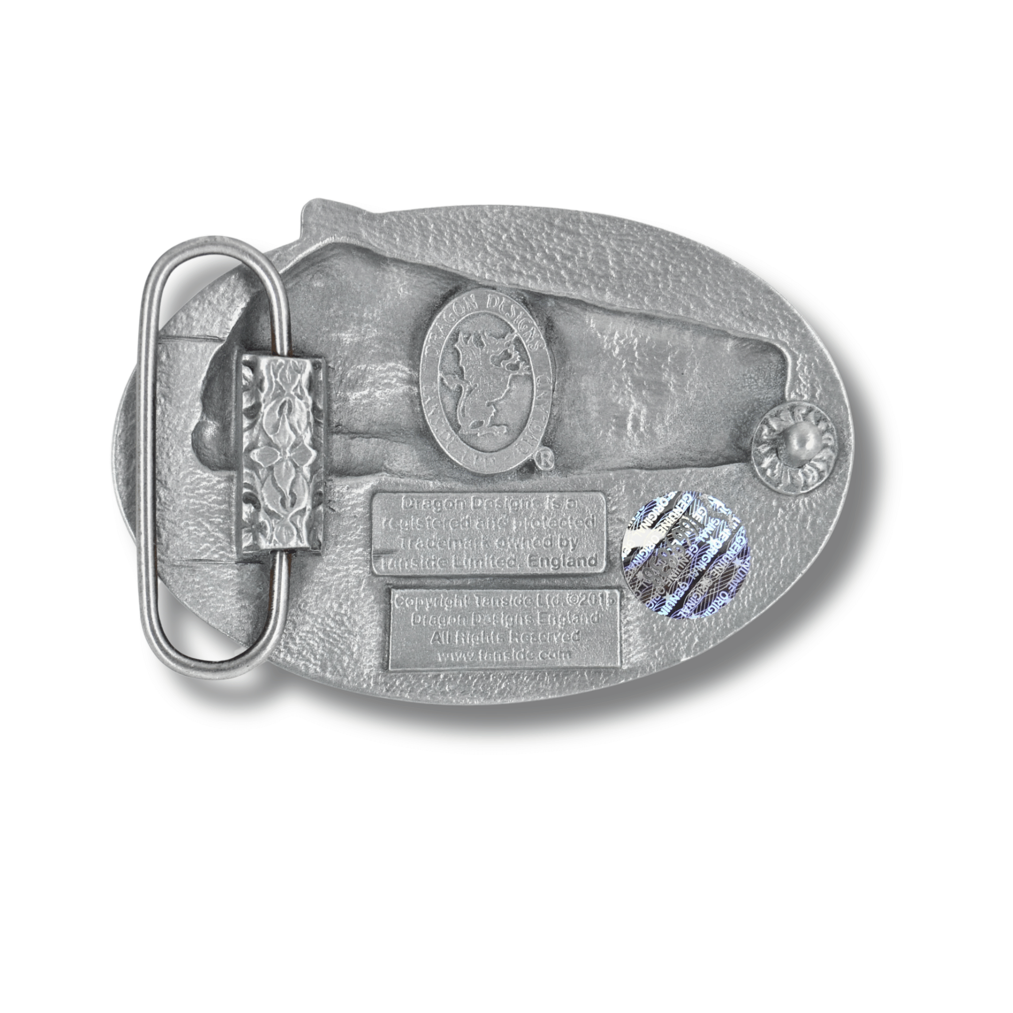 Silver belt buckle with detailed design on a white background