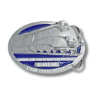 Belt buckle with steam locomotive design and 'London and North Eastern Railway Class A4 Steam Commemorative' text on a white background.