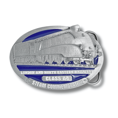 Belt buckle with steam locomotive design and 'London and North Eastern Railway Class A4 Steam Commemorative' text on a white background.