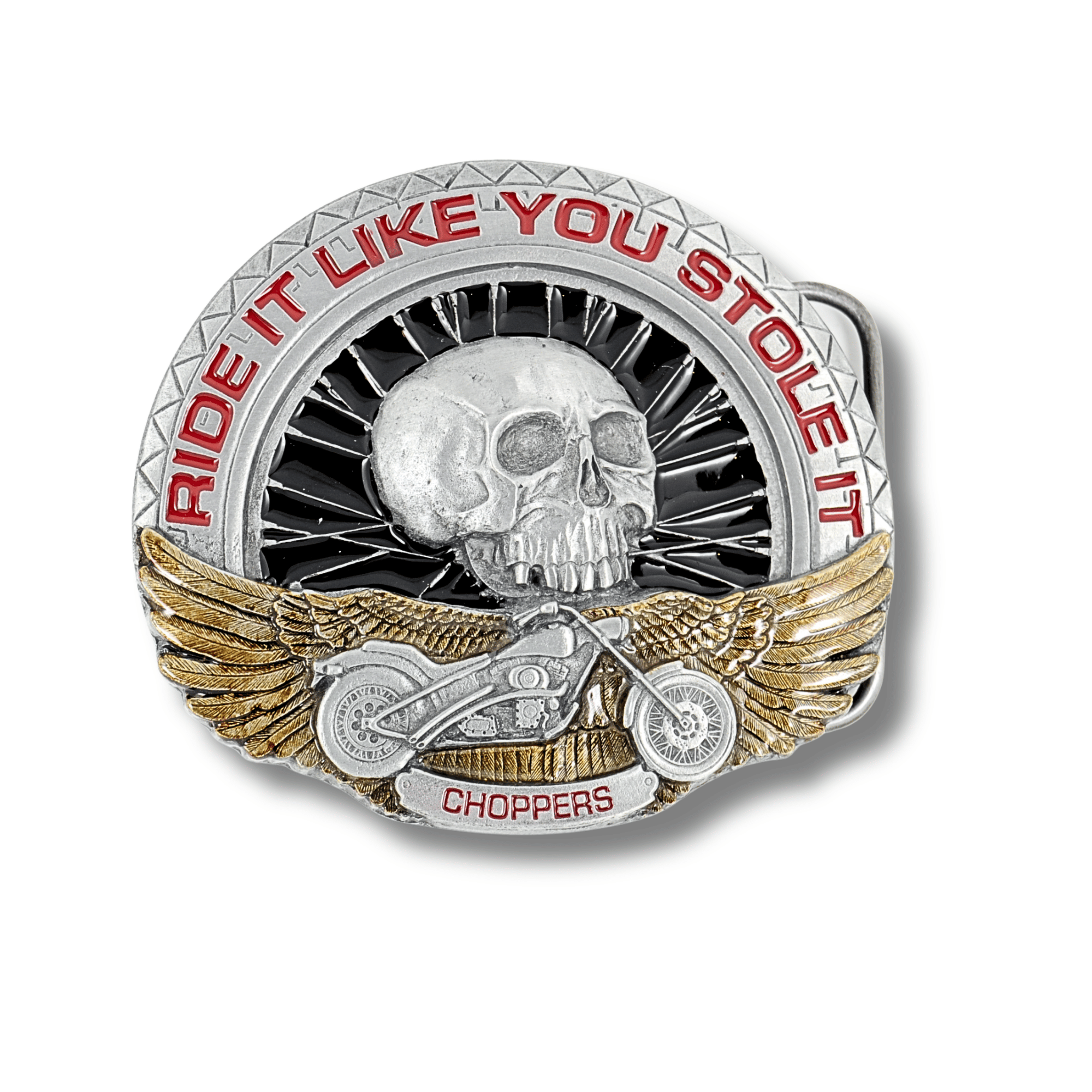 Belt buckle with skull, motorcycle, and 'Ride it Like You Stole It' text on a white background
