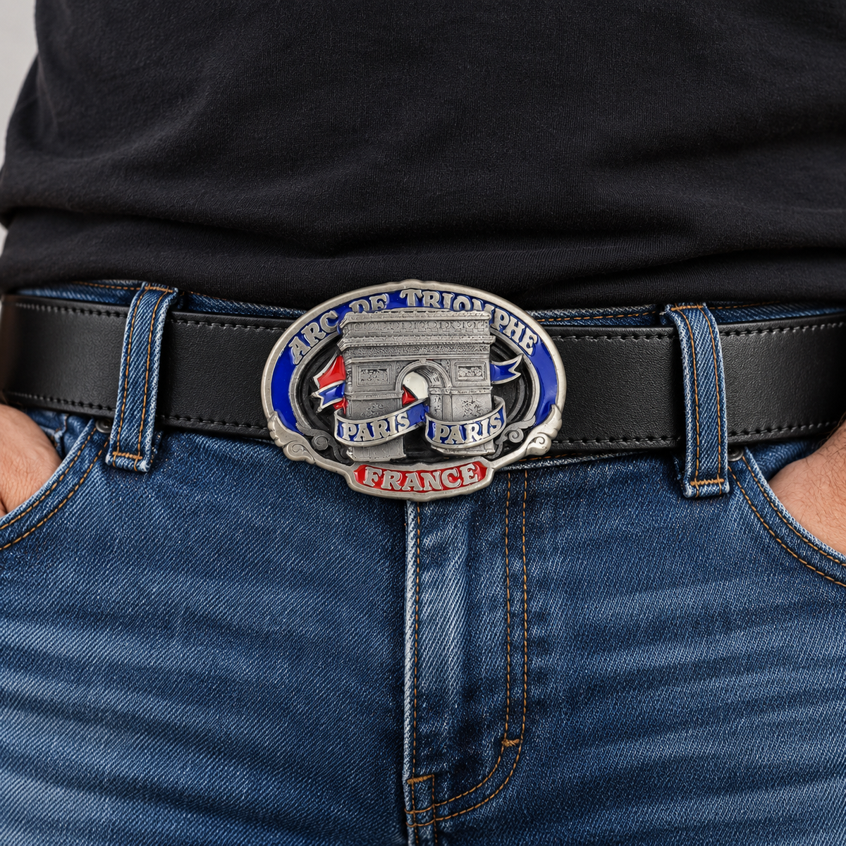 Arc de Triomphe Paris belt buckle worn on a black leather belt