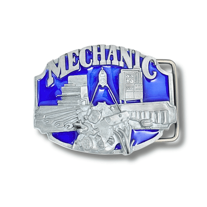 Belt buckle with 'MECHANIC' text and blue background on a white background