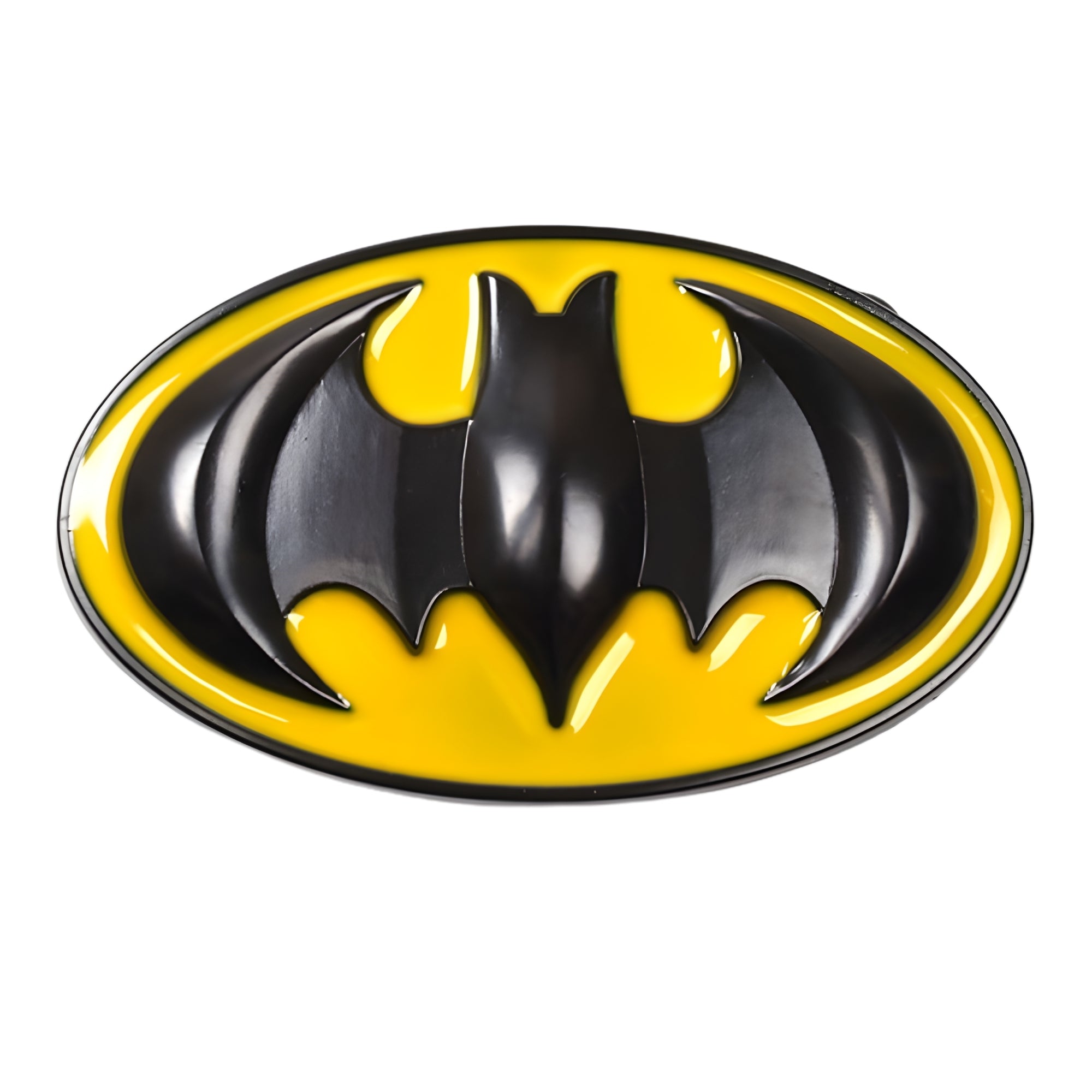 Batman black symbol belt buckle on a yellow background