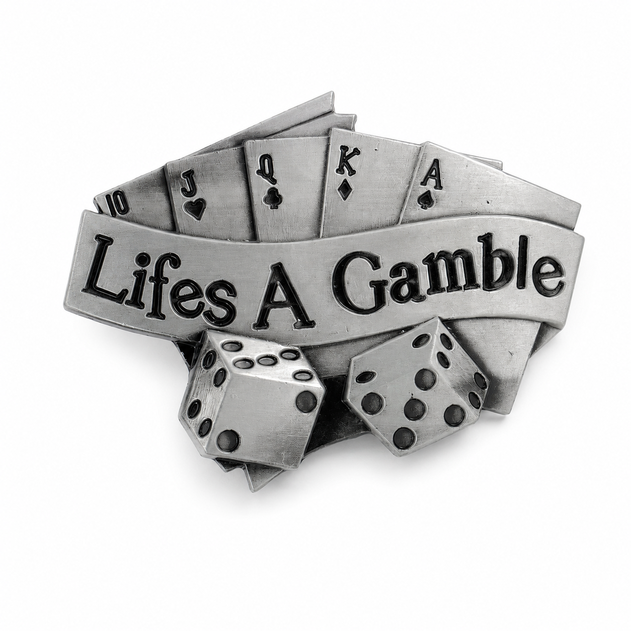Silver belt buckle with playing cards and dice, featuring 'Life's A Gamble' text on a white background.