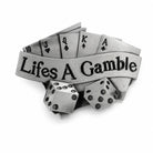 Silver belt buckle with playing cards and dice, featuring 'Life's A Gamble' text on a white background.