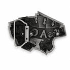 Belt buckle with playing card suits and letters on a white background