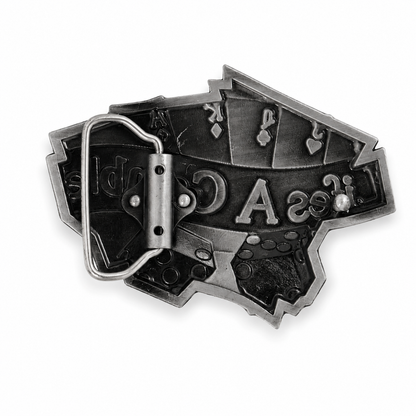 Belt buckle with playing card suits and letters on a white background