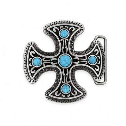 Decorative cross BELT BUCKLE with turquoise stones on a white background