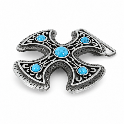 Decorative cross belt buckle pendant with blue gemstones on a white background