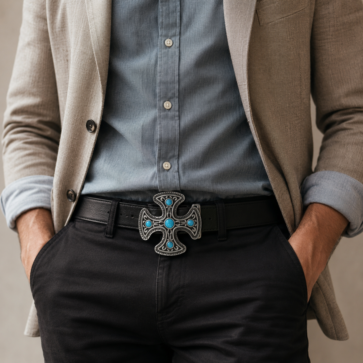 Man wearing a beige blazer, blue shirt, black pants, and a belt with a decorative buckle.