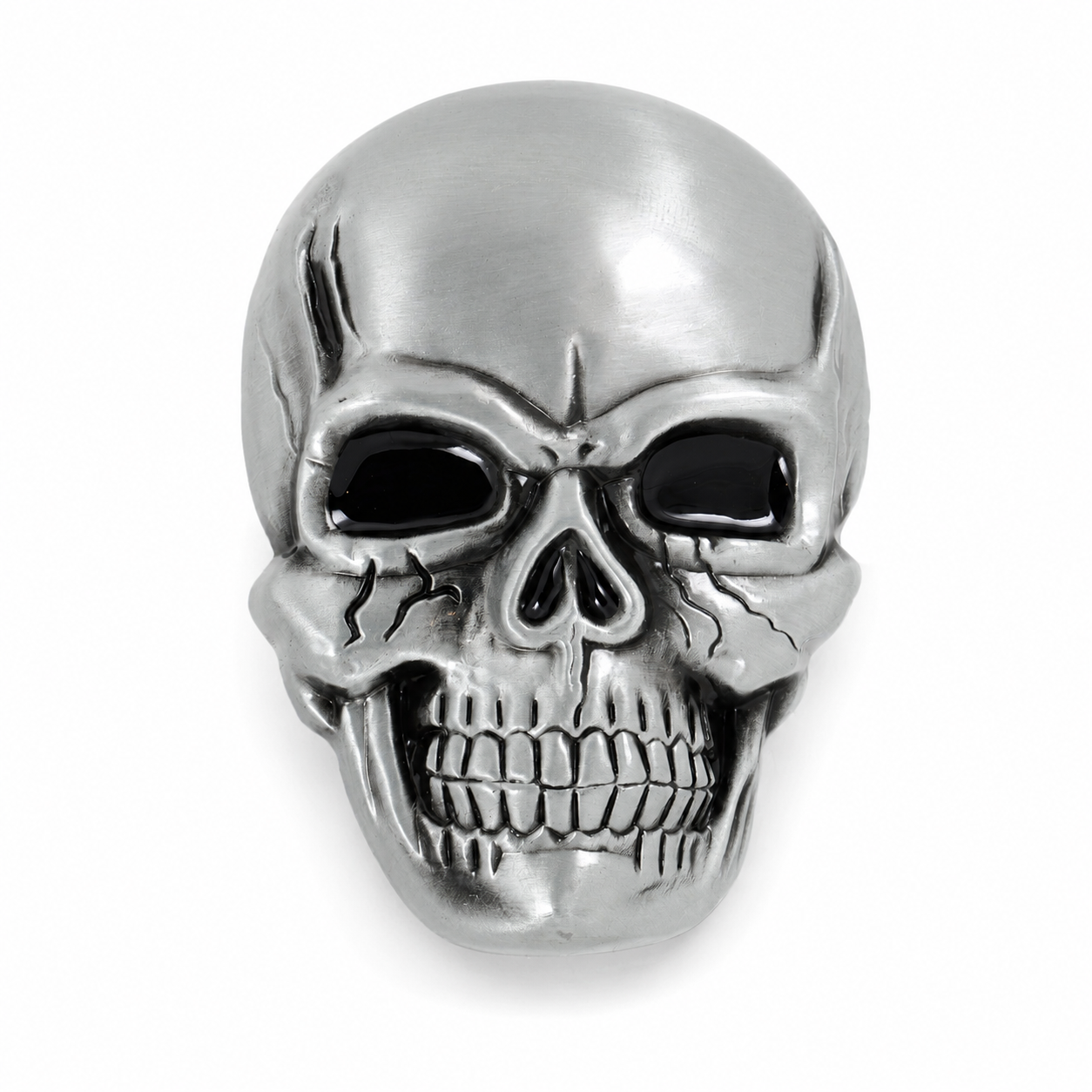Silver skull-shaped BELT BUCKLE on a white background